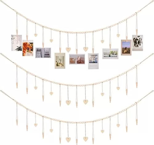 Hanging Photo Display Room Wall Decor, Boho Collage Picture Frame Christmas Cards Holder, Photo Hanger with 9 Wood Clips and 6 Wooden Hearts Tags for Home, Bedroom, Office, Nursery, Dorm Decor (3)