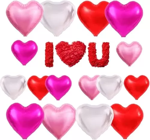 Heart Balloons Valentines - 18in 10in Different Sizes Red Silver Pink Heart Shaped Foil Mylar Balloons for Propose Anniversary Valentines Day with 1000pcs Rose Petals