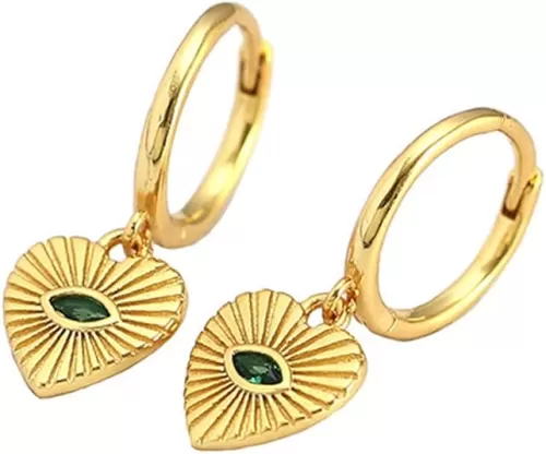Heart Evil Eye Dangle Small Hoop Earrings for Women Girls 925 Sterling Silver Green CZ Eyes Charms Drop Dangling Huggie Hoops Cartilage Cuff Hypoallergenic Earring Gifts Birthday Christmas Valentine