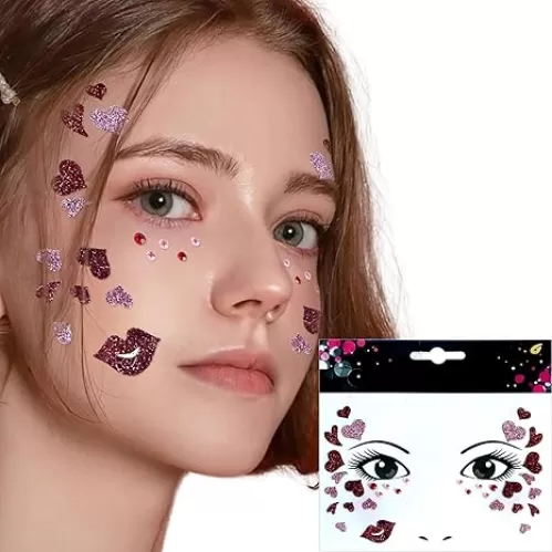 Heart Face Gems Glitter Face Temporary Tattoos Sparkle Freckles Face Tattoos Rhinestones Face Stickers Christmas Party Accessories Pink Face Stickers Red Heart Face Gems Valentine Face Tattoos 1Pcs