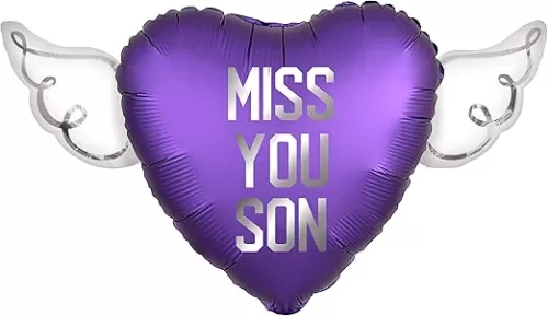 Heavenly Balloons "Miss You Son" Heart Shaped Balloon with Angel Wings | Memorial Tribute (Purple)
