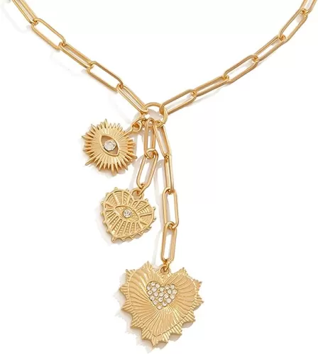 HETICA Chunky Gold Necklace for Women - Evil Eye Heart Charm Necklace Zirconia Charm Necklace Fashion Gold Jewelry Necklace for Women