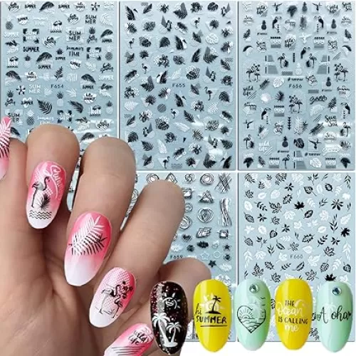 Holographic Summer Nail Art Stickers, Seaside Beach 3D Nail Self-Adhesive Sticker Design, Coconut Tree Leaf Dolphin Heart Nail Art Decals for Women Girls Manicure Charms Decorations, DIY Nail Art Tips