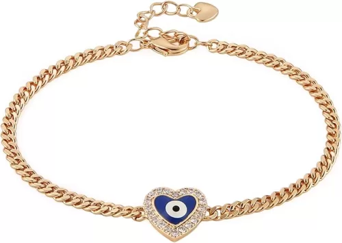 HZMAN 14K Rose Gold Plated Evil Eye Bracelet for Women Love Heart Mal De Ojo Turkish Eye Beads Luck Protection Bracelet Adjustable Cuban Chain Link Bracelets
