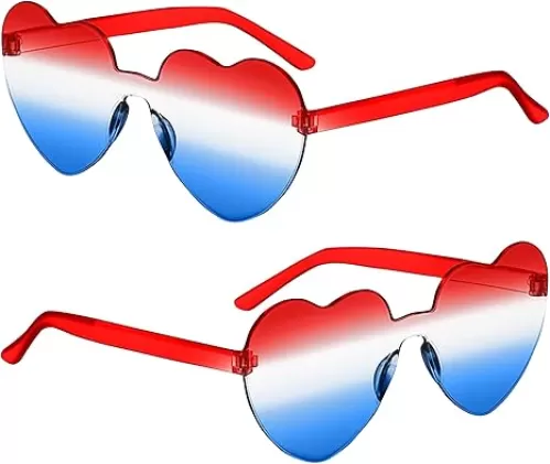 ILHSTY 2 pair Heart Sunglasses for Women Men, Heart Shaped Sunglasses for 4th of July, Bachelorette Party Birthday Patriotic Color Glasses (Blue White Red-Heart)