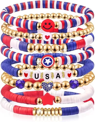 Independence Day Gifts for Women Men Teens Red White Blue Clay Beaded Stackable Stretch Bracelets USA Patriotic Jewelry 4th of July Accessories