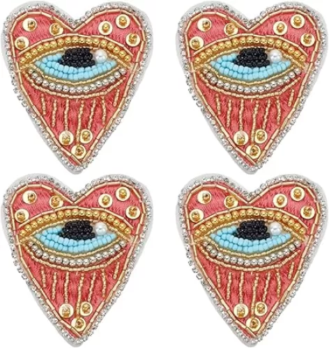 INFUNLY 4PCS Evil Eyes Heart Beaded Patches Heart Evil Eye Rhinestone Beaded Applique Sequin Applique Patch Sew On Crystal Heart Patch for Clothing Jeans Jackets Handbag Shoes DIY Decor