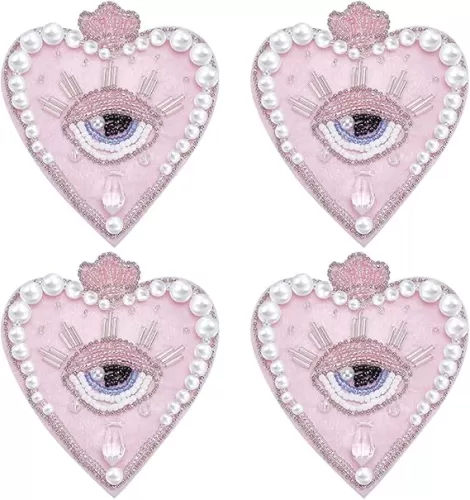 INFUNLY 4PCS Evil Eyes Heart Beaded Patches Sew on Pink Love Heart Rhinestone Applique Patches Pearl Crystal Heart Patch for Clothing Jeans Jackets Handbag Shoes DIY Decor