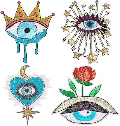 INFUNLY 4PCS Large Evil Eye Embroidered Patches - Flowers, Heart, Star Sequin Appliques With Rhinestones for Clothing Repair and Sewing