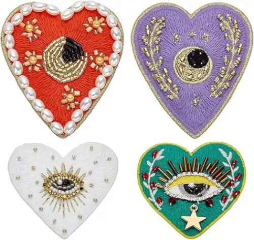 INFUNLY 4Styles Evil Eyes Heart Beaded Patches Rhinestone Applique Patches Evil Eyes Sequin Applique Sew on Love Patch with Pearls Handmade Crystal Heart Appliques for Clothes Jeans Jackets Bag Shoes