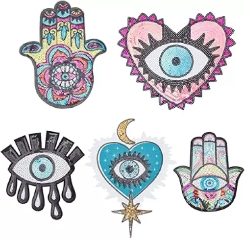 INFUNLY 5pcs Evil Eye Sequin Patches Heart Evil Eyes Applique Patch Embroidery Iron on Patches for Clothing Colorful Large Applique Patch for DIY Sewing Jeans Handbags Jacket Backpack Hat