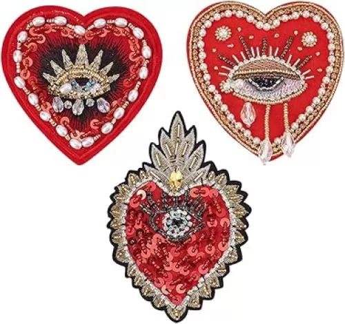 INFUNLY Evil Eyes Heart Beaded Patches Rhinestone Applique Patches 3 Style Sequin Applique Sew on Crystal Heart Patch for Clothing Jeans Jackets Handbag Shoes DIY Decor