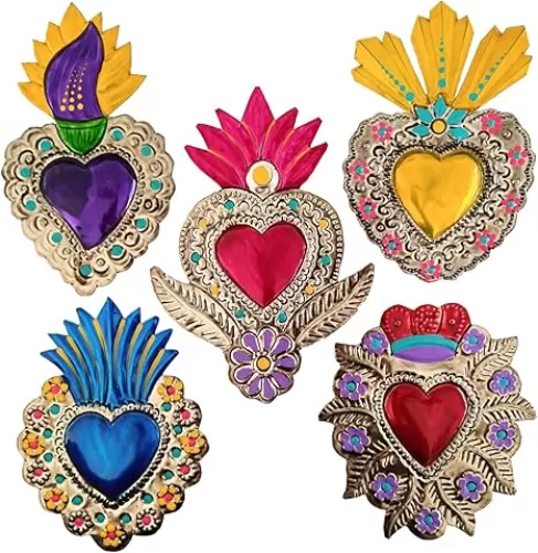 IREKUA Mexican Tin Hearts 5 Pieces Art Wall Decor 6" Milagros Mexicanos Hand Painted Colorful Metal Charms Folk Art Sacred Craft Mexico Decorations -Handmade