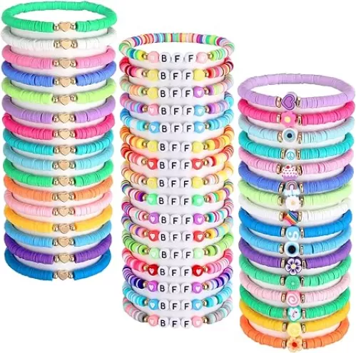 Jadive 48 Pcs Friendship Bracelet for Women Colorful BFF Heart Cute Clay Beads Stretch Bracelets Bulk Elastic Layering Stackable Boho Y2k Beaded Jewelry Set