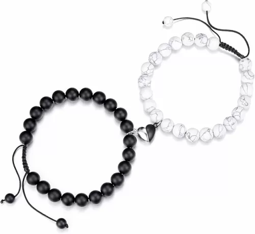 Jovivi Couples Bracelets 8mm Natural Stone Beads Healing Crystals Stretch Bracelet Matching Heart Charms Adjustable for His and Her Jewelry Lovers Best Friends Friendship Gifts