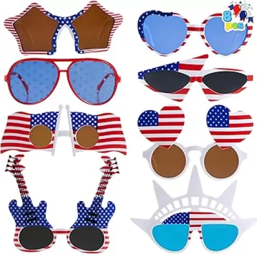 JOYIN 8Pcs 4th of July American Flag Glasses in Red White & Blue, Multi Style Patriotic USA Sunglass Eyewear for 4th of July Party Accessories Independence Day Parade Dress Up Accessory Supply