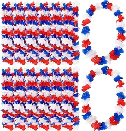 JUNEBRUSHS 24 Pack Patriotic Leis Red White and Blue Flower Leis, 4th of July Garlands Hawaiian Luau Flower Necklaces Bulk for Fourth of July, Memorial Day, Independence Day Decorations Party Favors