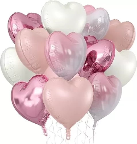 KALOR Pink and Sand White Heart Balloons, 12Pcs 18 Inch Heart Shaped Foil Balloons for Valentines Day, Wedding, Bridal Shower and Birthday Party Decorations