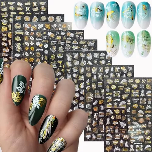 Laser Gold Summer Nail Art Stickers, Holographic Seaside Beach Nail Art Decals, 3D Coconut Tree Leaf Dolphin Line Heart Nail Self-Adhesive Sticker for Women Girls Manicure Summer Decorations(8 Sheets)