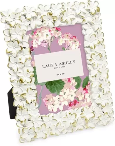 Laura Ashley 2x3 White & Gold Flower Textured Hand-Crafted Resin Picture Frame w/Easel & Hook for Tabletop & Wall Display, Decorative Floral Design Home Décor, Photo Gallery, Art (2x3, White/Gold)