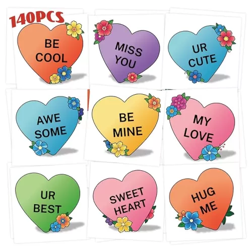 Leesgel 140PCS Individually Wrapped Love Heart Tattoos stickers, Valentines Colorful Sweet Letter Small Temporary Tattoos, Family Fun Days Bulk Party Supplies Set for Women Kids Boys Girls