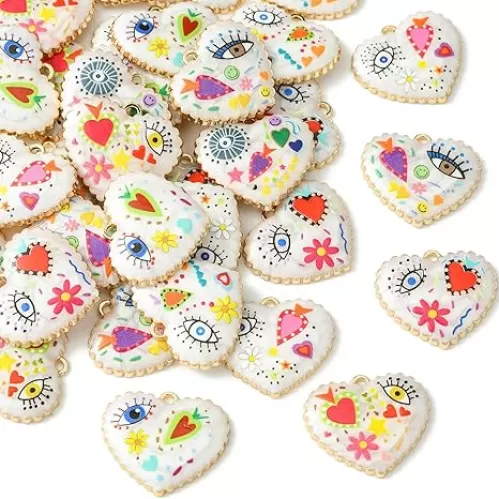LiQunSweet 35 pcs 7 Colors Heart with Evil Eye Flower Charm Lovely Heart Enamel Charms for DIY Jewelry Bracelet Necklace Earring Craft Decoration Present