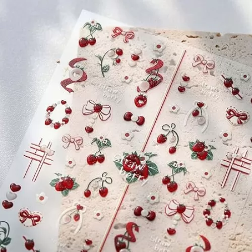 Little Cherry Nail Stickers 5D Summer Bronzing Matte Nail Decals 1PCS Embossed Heart Strawberry Adhesive Stickers Cute Bow Designs Nail Art Supplies Accessories for Women