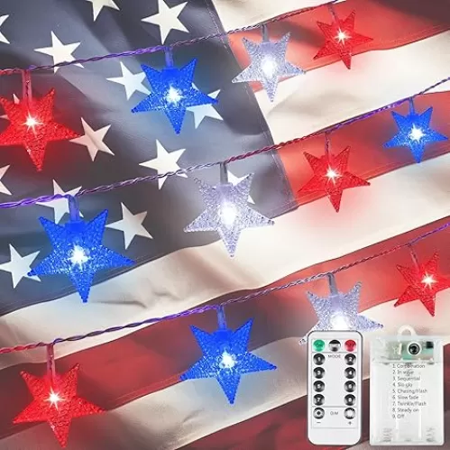 LORRYTE 50 LED Red White and Blue String Lights Outdoor Battery Powered, 4th of July Decorations Star Lights with Remote, 8 Modes Patriotic Decor Waterproof for Independence Memorial Day National Day