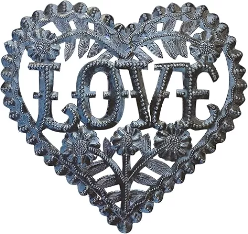 Love Heart, Family Friendship Wall Hanging Gift Ideas, Haitian Metal Recycled Outdoor Art Wall Sculpture, 6" x 6"