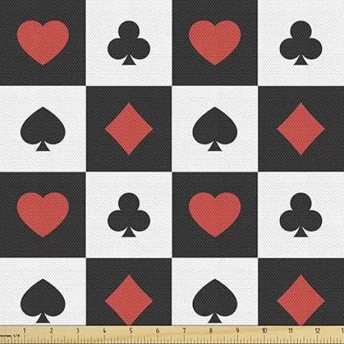 Lunarable Poker Fabric by The Yard, Illustration of Poker Card Suits in Checkered Squares Spades Hearts and Clubs, Decorative Fabric for Upholstery and Home Accents, 2 Yards, Black Eggshell