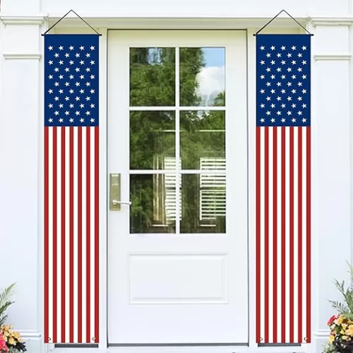 Memorial Day 4th of July Decorations, Large Hanging American Flag Door Banner, July Fourth Front Porch Decor for Home School Office Yard Patio Garage Outside, Patriotic Decor Outdoor Indoor
