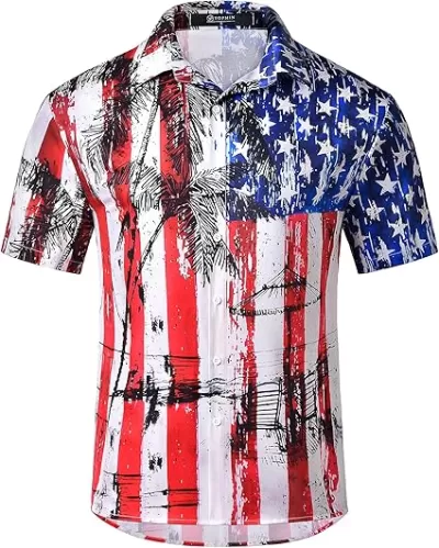 Men's American Flag Hawaiian Shirt Patriotic Short Sleeve Button Down Shirts 4th of July Summer Beach Aloha Outfit