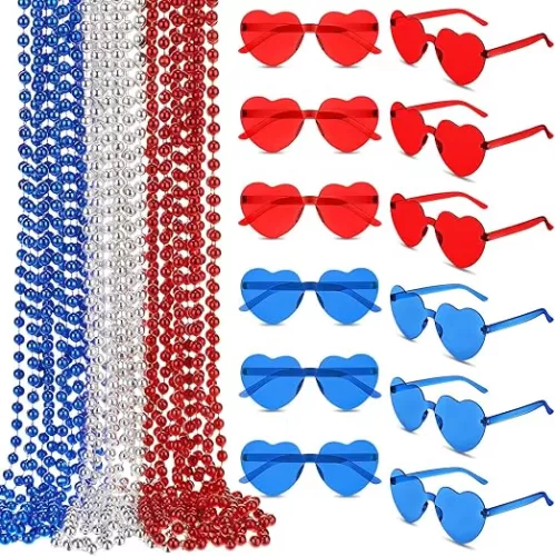 Mepase 24 Pcs 4th of July Necklaces Beads and Heart Sunglasses Independence Day Red Blue White Accessories, Patriotic Bulk for Parade Memorial Day Party Favors Decorations