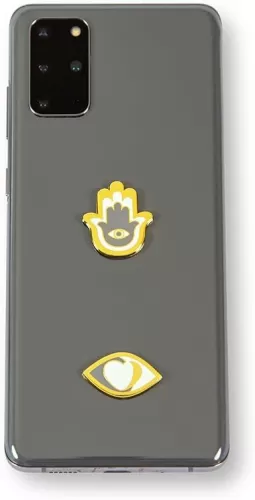 Metal Charm Stickers for Cell Phone Cases. Gold Evil Eye and Hamsa Set of 2 Reusable & Removable. Leaves No Residue. Universal Spiritual Symbols of Protection and Good Luck. (Gold Evil Eye with Heart