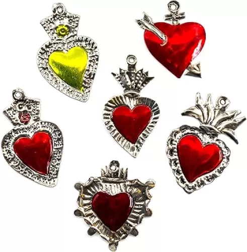 Mexican Hearts Milagros Charms Tin Painted Sacred Heart Ornaments Handmade in Mexico Metal Folk Art Wall Decoration (Set of 4) Large 5.5 inches Milagros Gris y Rojo Grandes