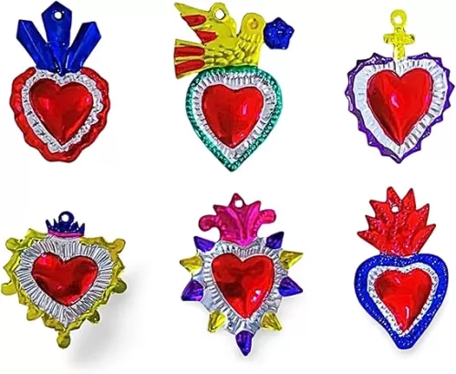 Mexican Milagros Charms - Tin Painted Sacred Heart Ornaments - Mexican Art (set of 6) - Multicolor