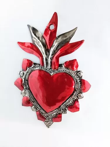 Mexican Sacred TIN Heart Handcrafted Hand Painted Embossed and Crafted Milagros Folk Art Charms Decorations Ornaments