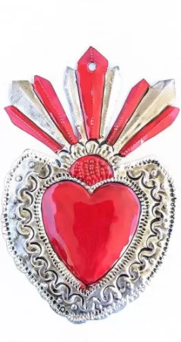 MEXICAN SACRED TIN HEART WITH RAYS HAND PAINTED EMBOSSED AND CRAFTED MILAGROS FOLK ART CHARMS DECORATIONS ORNAMENTS, Gray, Red