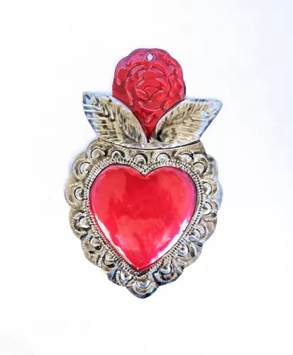 Mexican Sacred TIN Heart with Rose Hand Painted Embossed and Crafted Milagros Folk Art Charms Decorations Ornaments