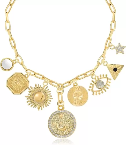 MISS RIGHT Dainty Gold Evil Eye Hamsa Hand Coin Lucky Charm Pendant Necklace for Women Trendy Vintage Paperclip Chain Sun Moon Clover Flower Chunky Charm Necklace Jewelry Gifts