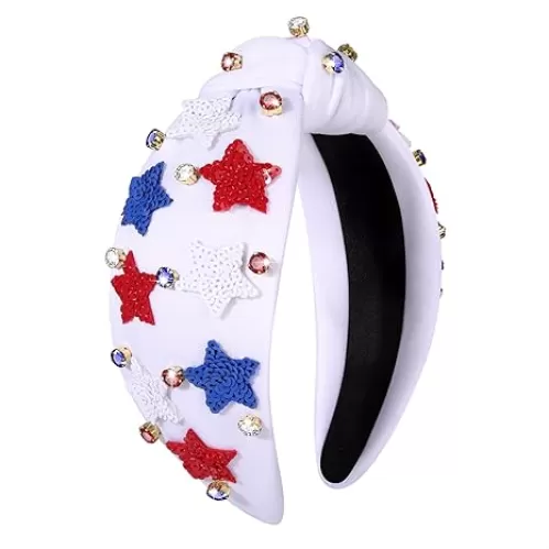 MOLOCH American Flag Headband 4th of July Headband Red White Blue USA Stars Heart Knotted Hairband for Women Rhinestone Crystal Patriotic Hairband Party Hair Accessory Stars