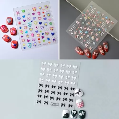 Nail Art Stickers Heart Flower Bow Patter Nail Art 5D Embossed Nail Decals Self-Adhesive Nails Supply Manicure Sliders Flower Stickers for Nails Decoration 3Pcs