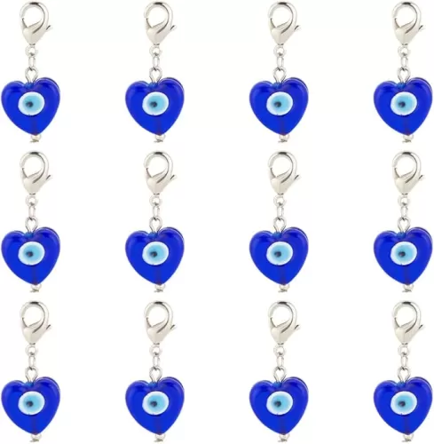 NBEADS 12 Pcs Evil Eye Lampwork Pendants, Blue Heart Shape Evil Eye Charms with Alloy Lobster Clasp Lucky Eye Clip on Pendant for Hanging Ornament DIY Jewelry Earring Necklace Craft Making