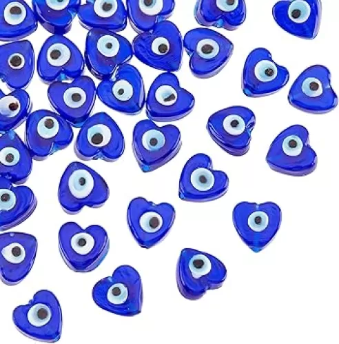 NBEADS About 33 Pcs Heart Evil Eye Beads, 12mm Glass Evil Eye Charm Turkish Evil Eye Spacer Beads Lampwork Loose Beads with 1.4mm Hole for DIY Necklace Bracelets Jewelry Making, Medium Blue