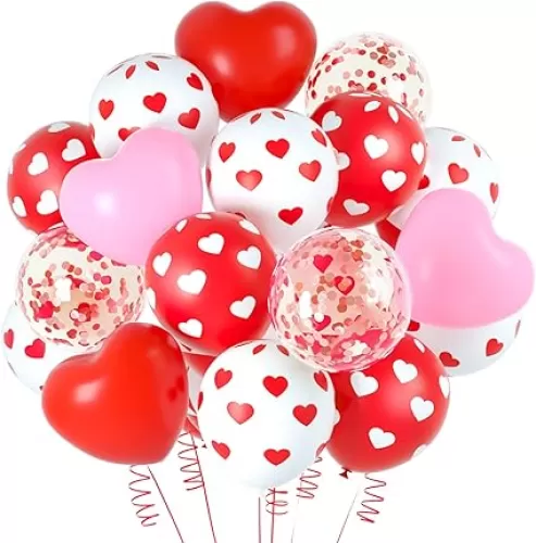 NEBURORA 60 Pieces Valentine's Day Pink and Red Heart Shaped Heart Print Balloons with Confetti Balloons Set with Ribbon for Valentine's Party Decorations Supplies