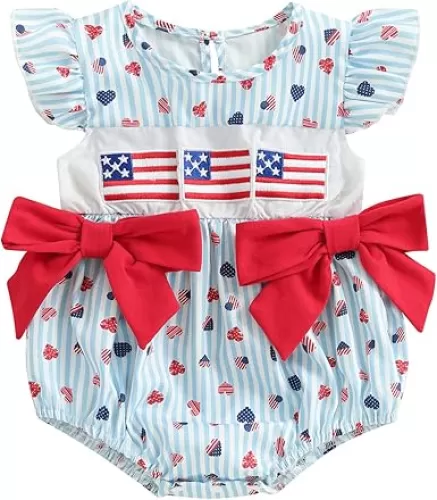 Newborn Baby Girl 4th of July Outfit American Flag Heart Fly Sleeve Smocked Romper Infant Bodysuit Patriotic Clothes
