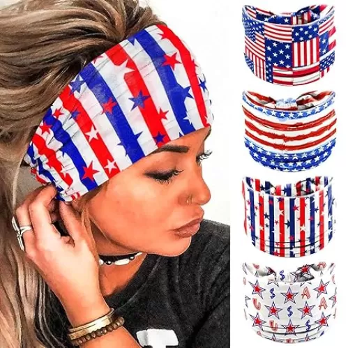 Olbye 4th of July Headbands USA Patriotic American Flag Headband Wide Knotted Turban Hairbands Red White Blue Bandana Stars Head Bands Independence Day Hair Accessories for Women 4Pcs (USA Headband E)