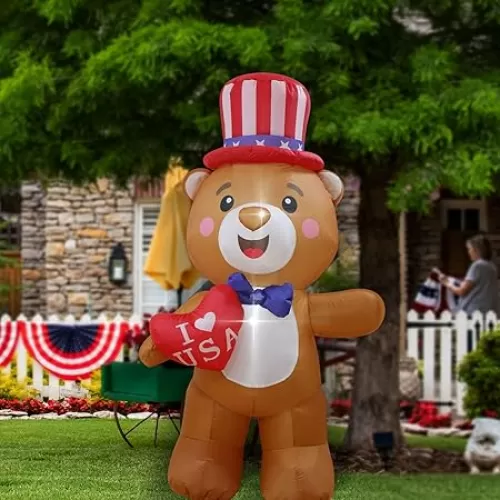 Patriotic Inflatable Bear Independence Day 4th of July Patriotic Bear Holds Heart Blow Up Holidays Party Decor Lighted Decoration (5 Feet Patriotic Bear Hold Heart)