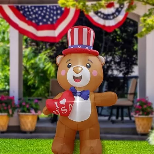 Patriotic Inflatables Independence Day 4th of July Bear Holds Heart Blow Up Holidays Party Front Door Garden Yard Lawn Decor Lighted Decoration (5Ft Bear Hold Heart)