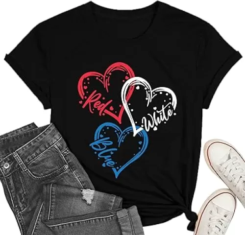 Patriotic Shirt for Women 4th of July Tshirt Red White and Blue Tee Heart Flag Tops